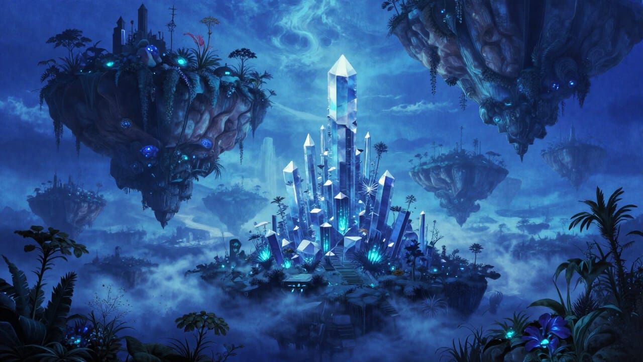 Dreamlike Landscape of Floating Islands and Crystal Structur...