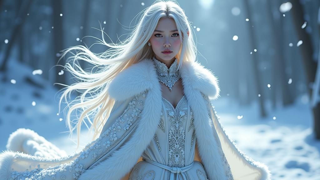 Icy Platinum Woman Commands Frozen Realm: 3D Anime Art