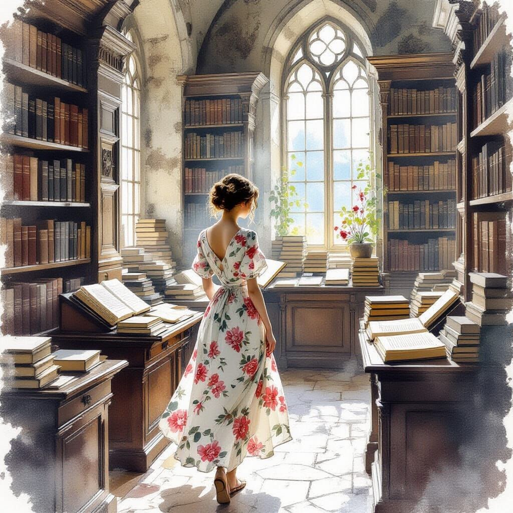 Woman in Floral Dress in Old Library, Vintage Watercolor Sty...