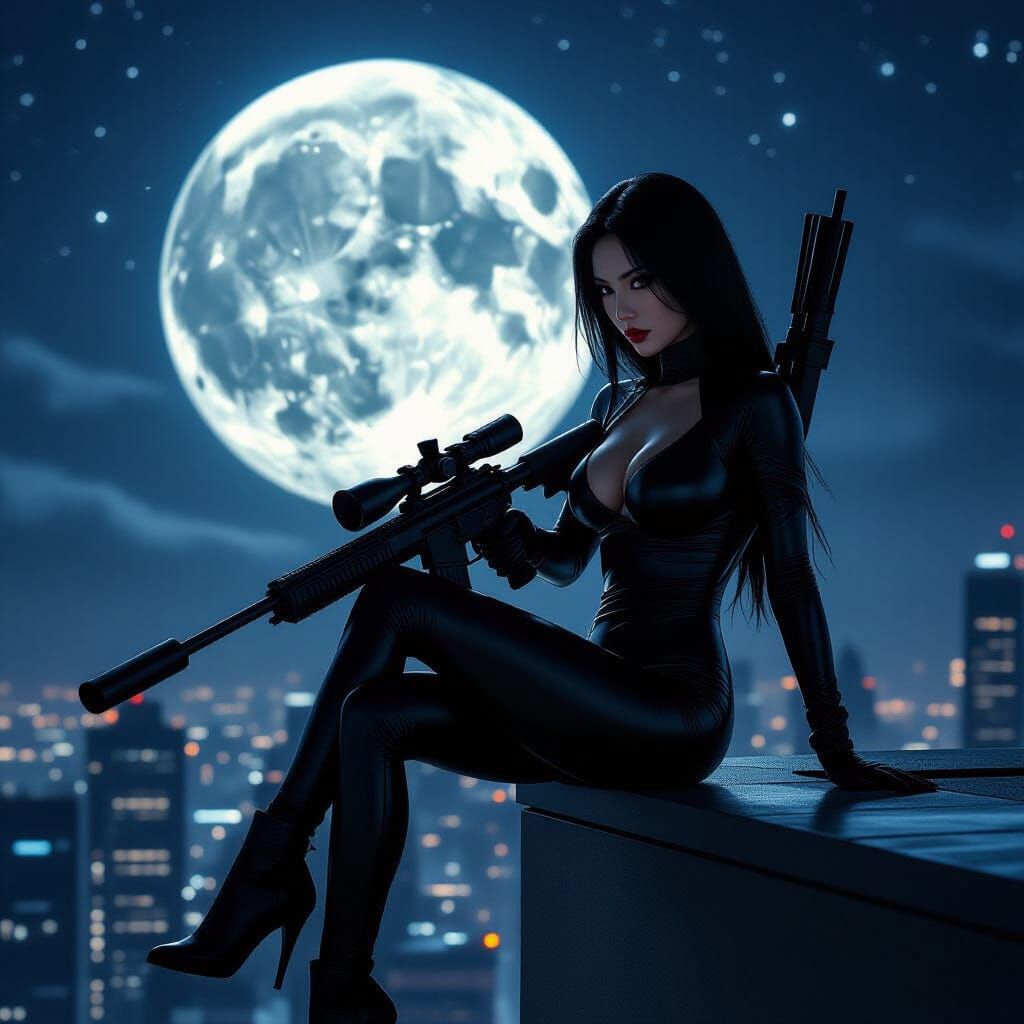 Assassin Silhouetted Against Luminous Moon on Skyscraper