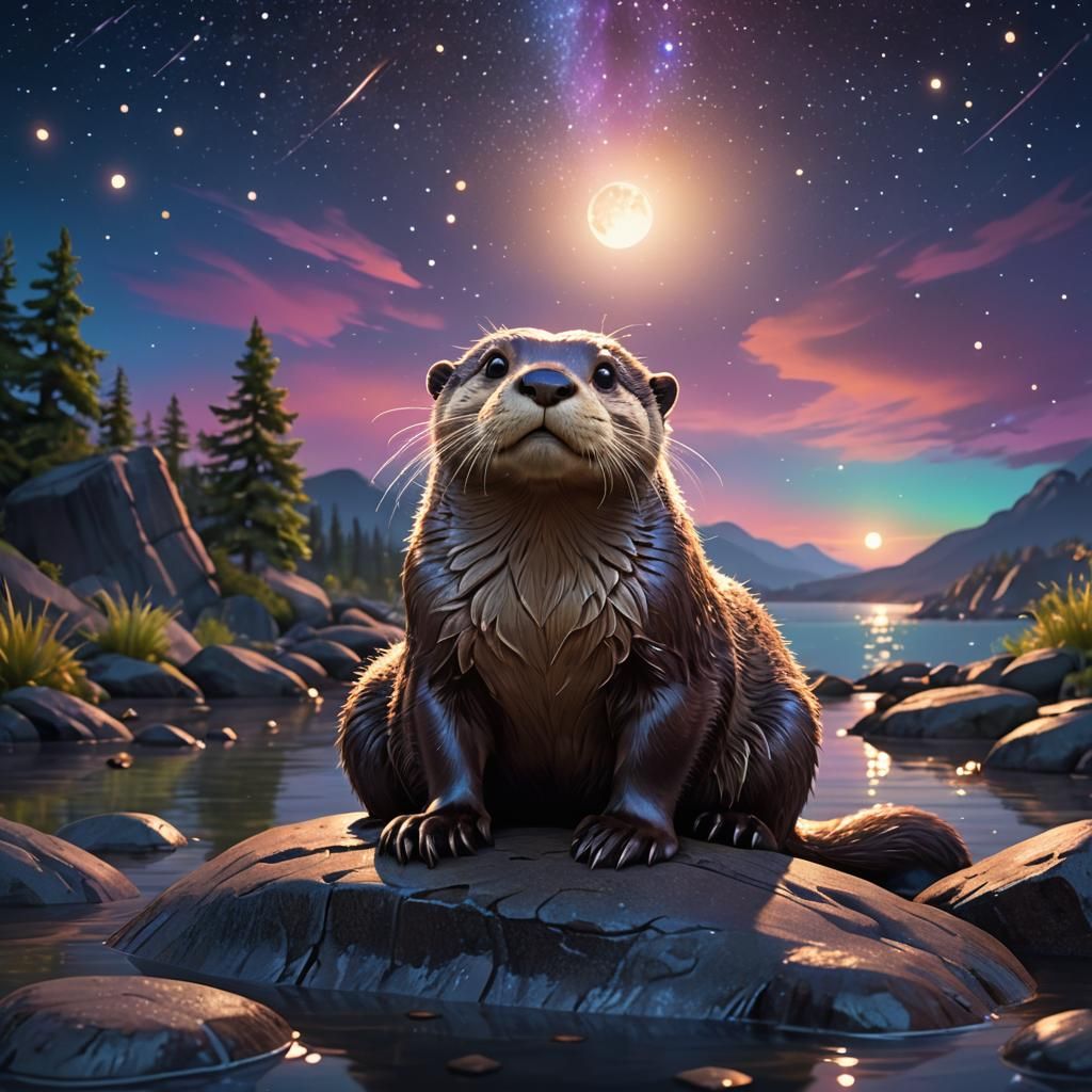 Otter Gazing at Night Sky in Pixar Style