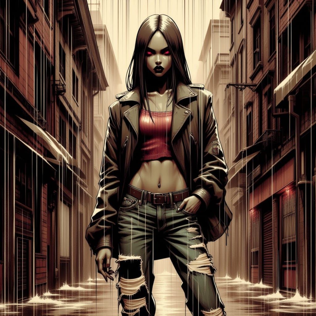 Grumpy Chick in Leather Jacket, Comic Book Art