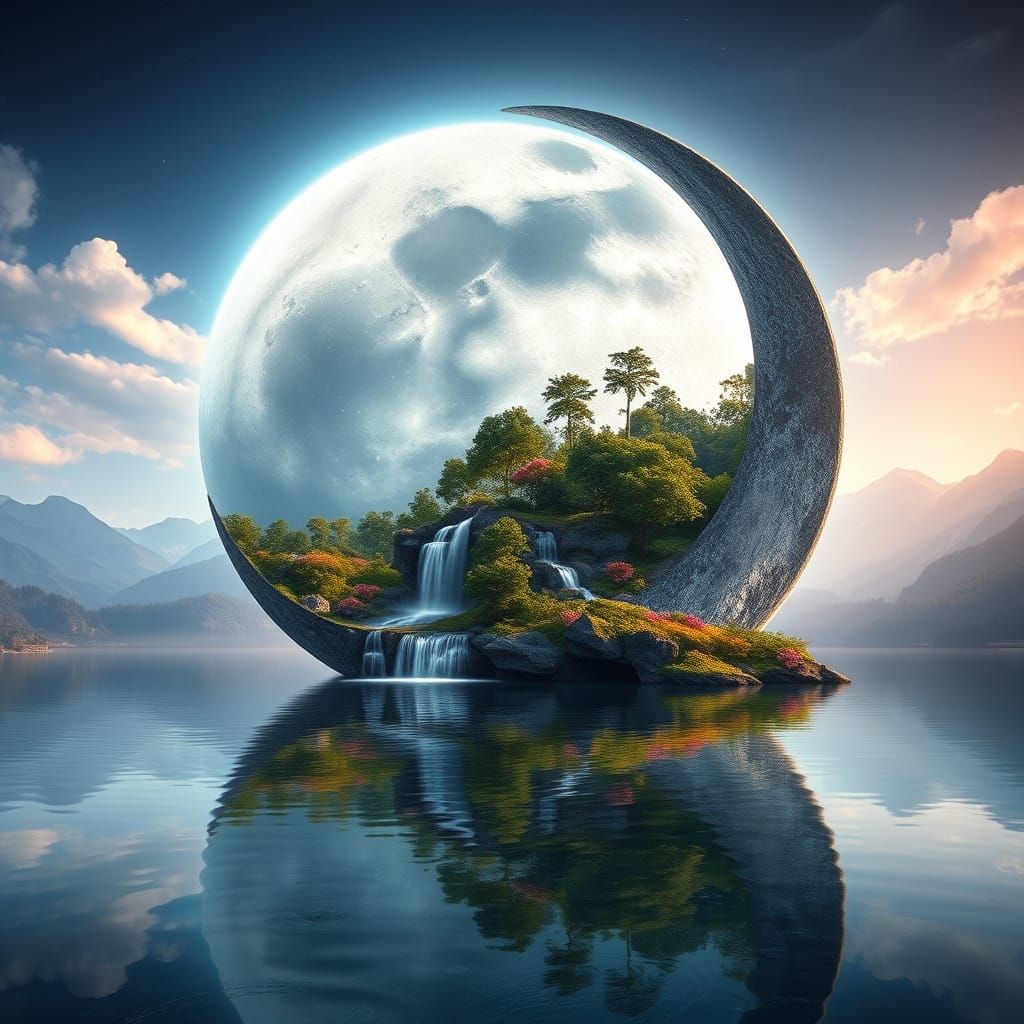 Crescent Moon Waterfalls in a Dreamlike Landscape