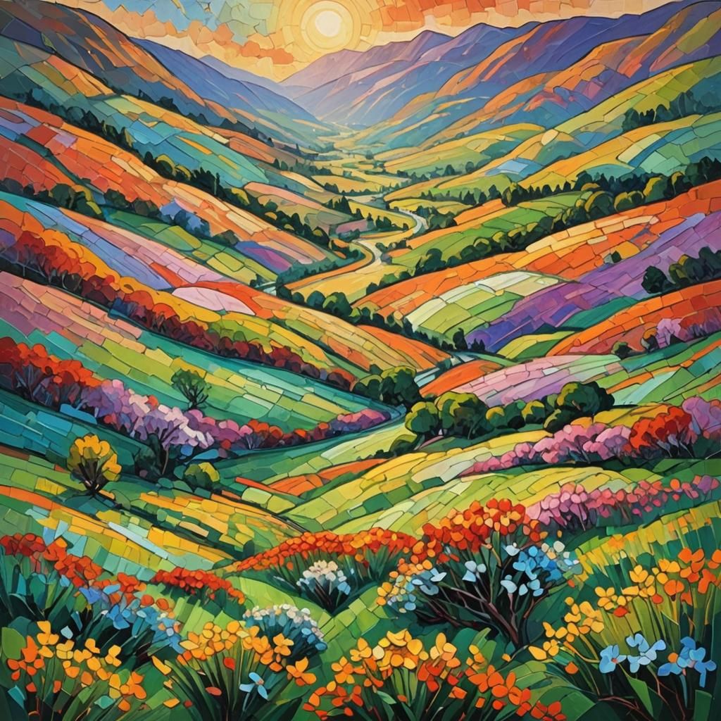 Valley in Spring: Neo-Impressionist Oil Painting