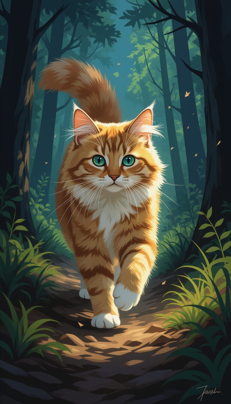 Orange Cat Attacks Shadow in Gothic Forest