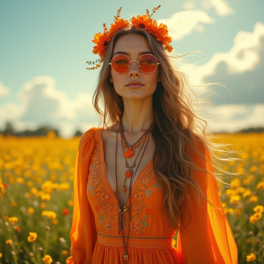 Ethereal Bohemian Goddess in Vibrant Orange