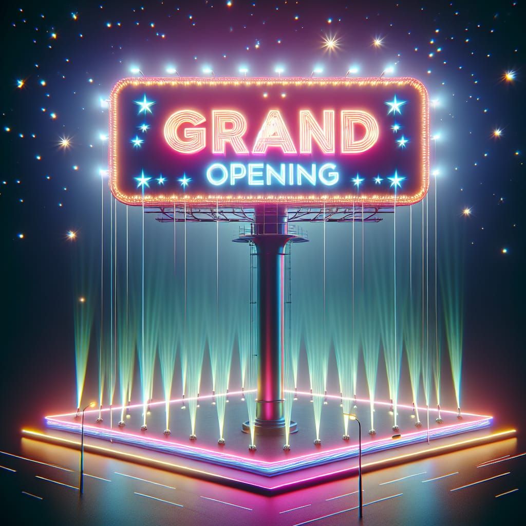 Grand Opening Neon Billboard in the Night Sky
