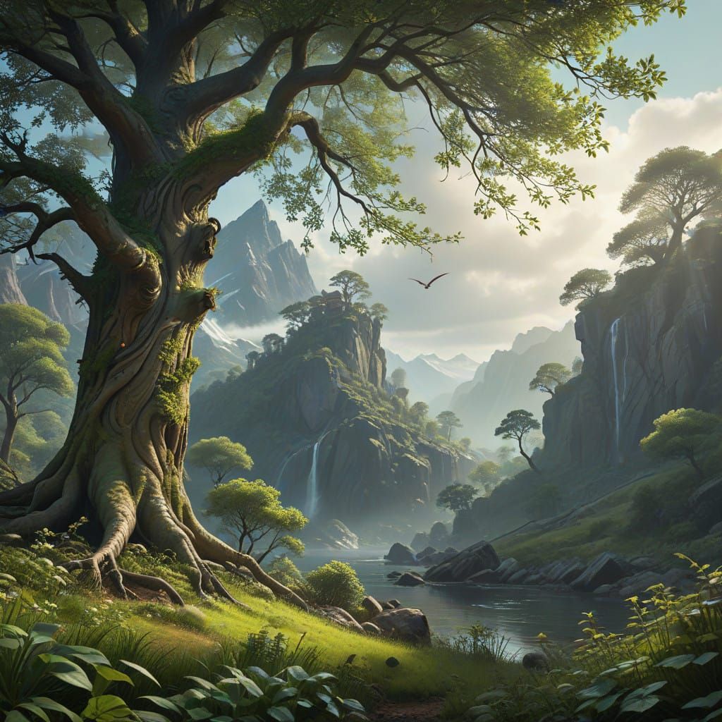 Cyberpunk-Inspired Tree of Life Amidst Vibrant Spring Foliag...