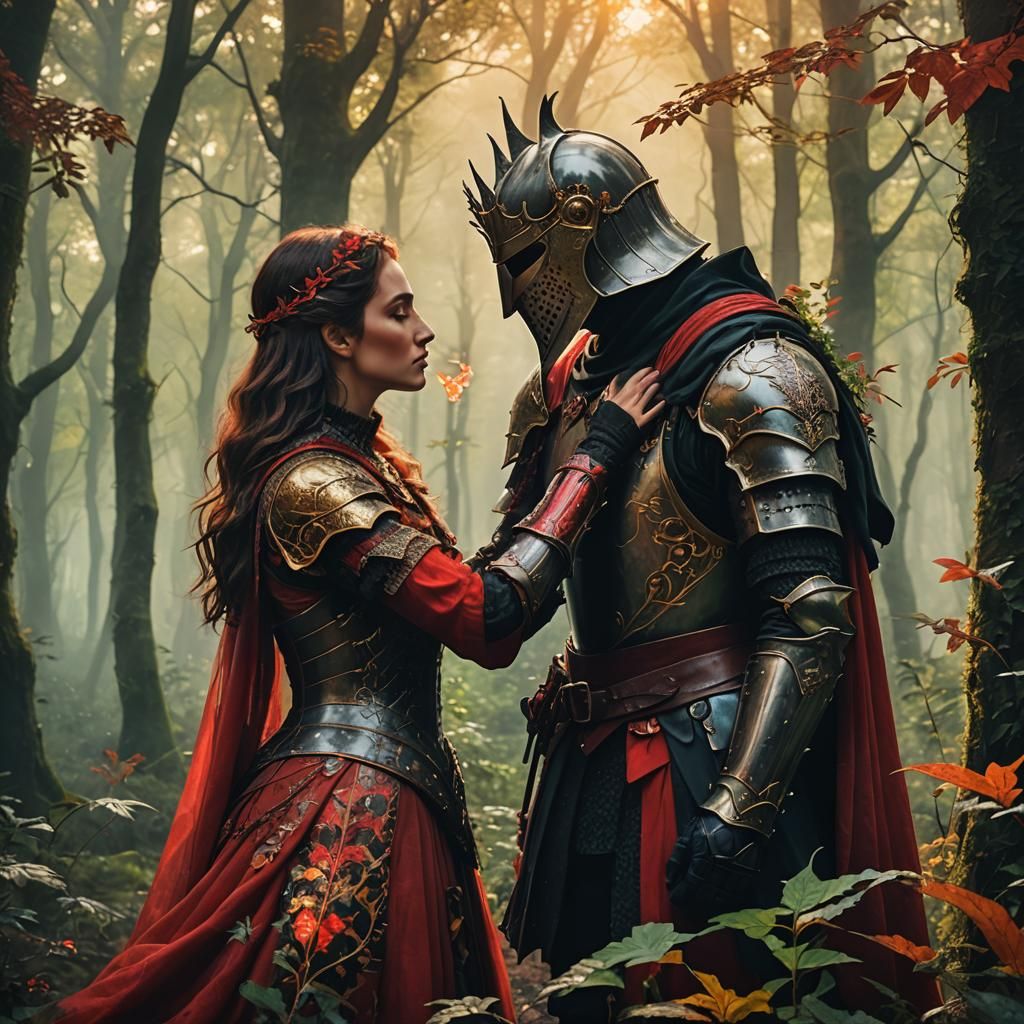 Knight and Witch Kiss in Mystical Forest Glade