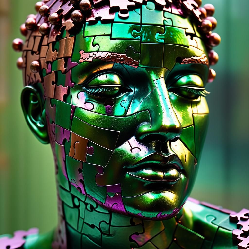 Surreal Puzzle Statue in Eerie Light, Digital Art