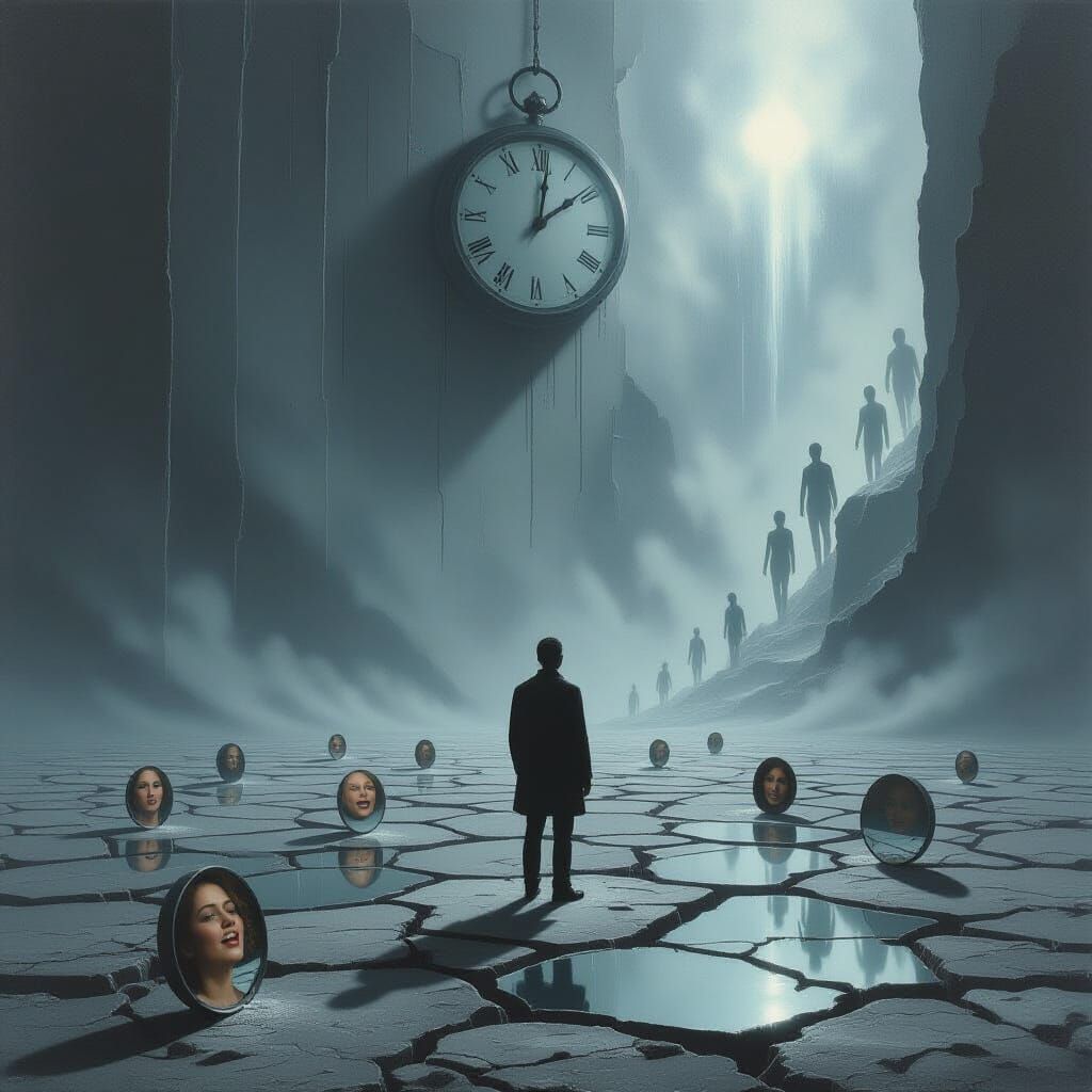 Existential Dread: Human in Mirror-Filled Void