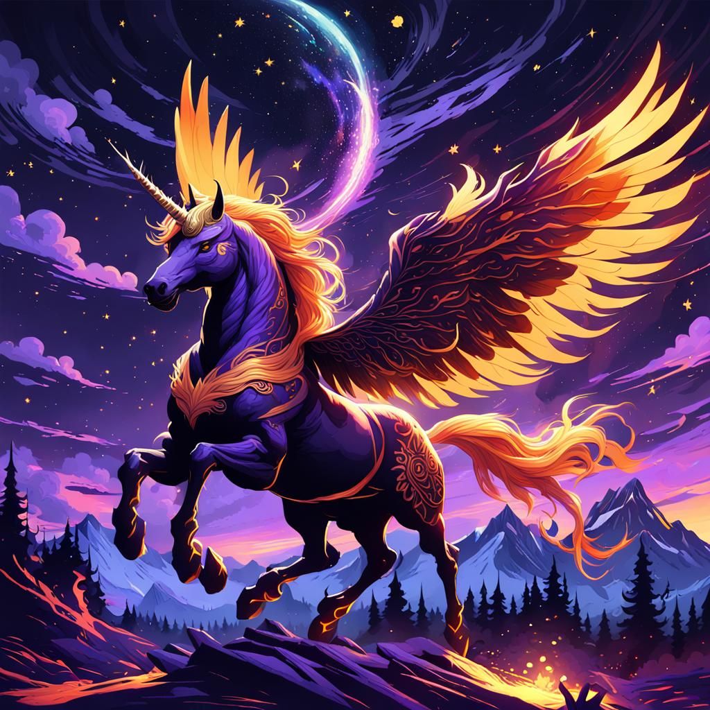 Fiery Alicorn in Night Sky: Fantasy Art