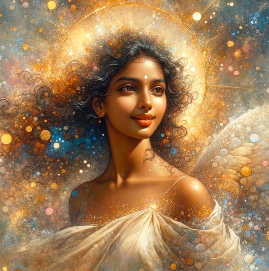Surreal Watercolour Portrait of South Asian Goddess with Gol...