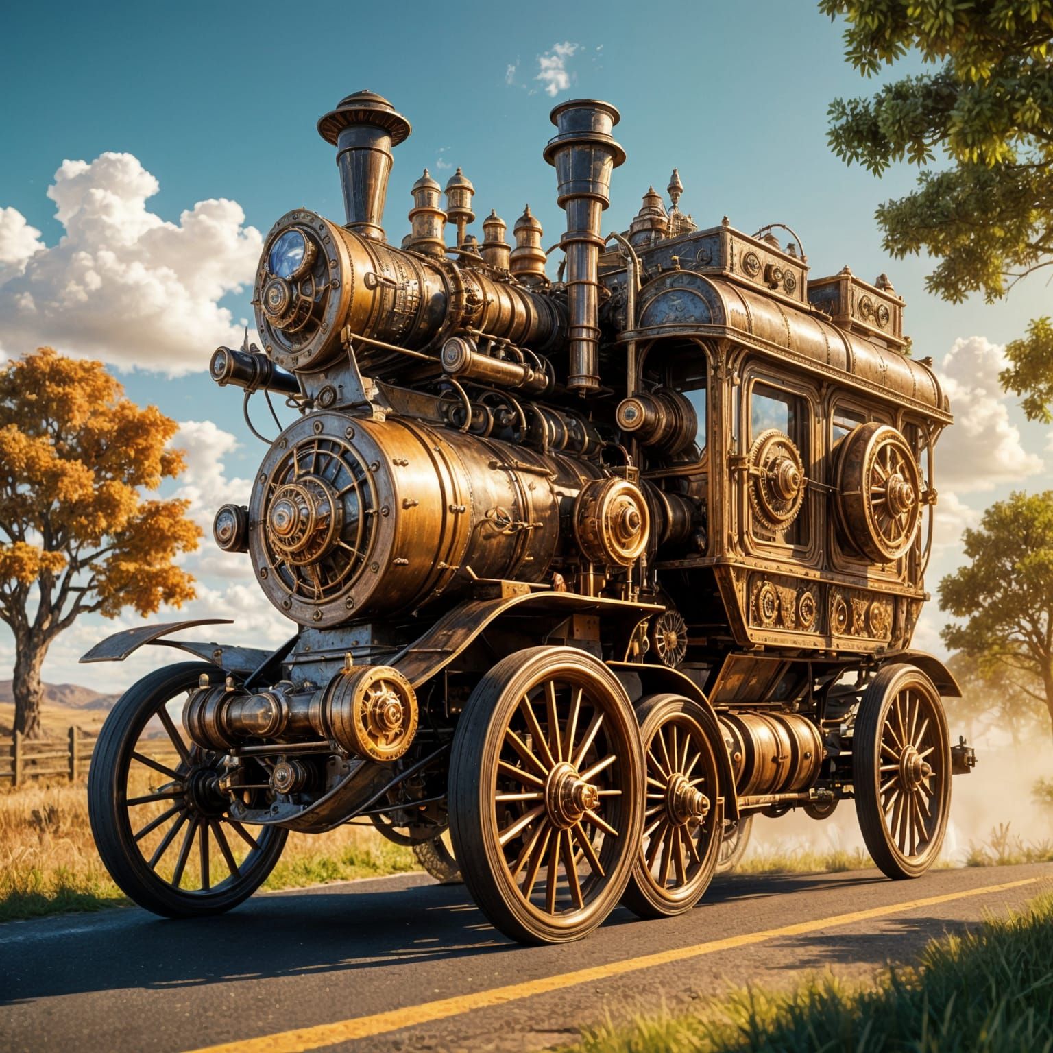 Elegant Steampunk Motor Carriage Speeds Through the Countrys...