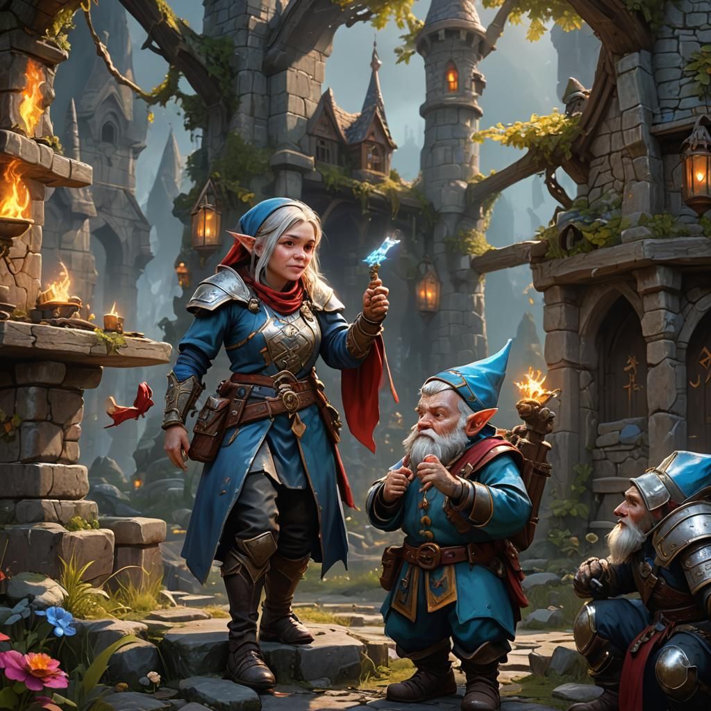 Gnome Cleric Heals Soldier: Fantasy Concept Art