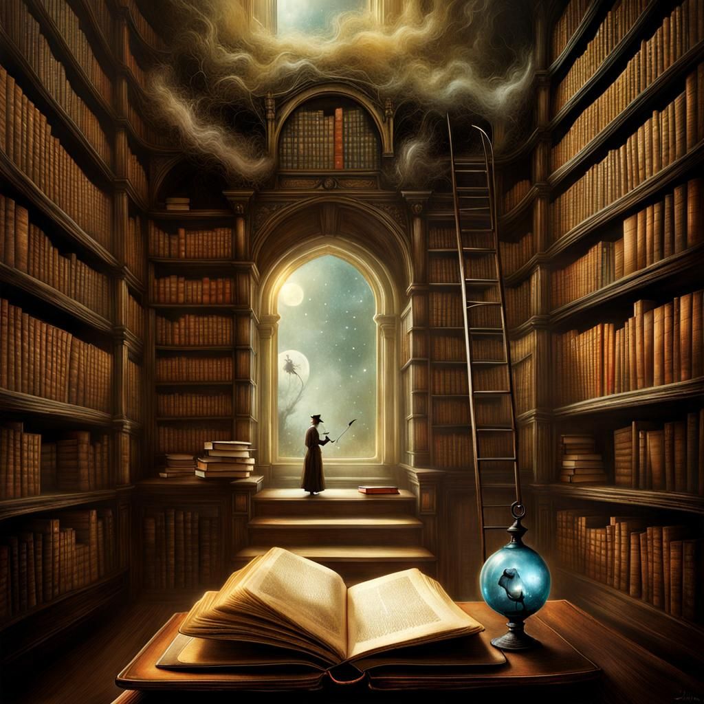 Whimsical Library in Double Exposure Style