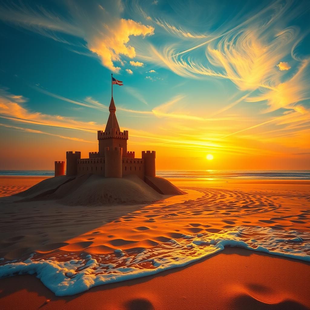 Sandcastle Sunset in Post-Impressionist Style