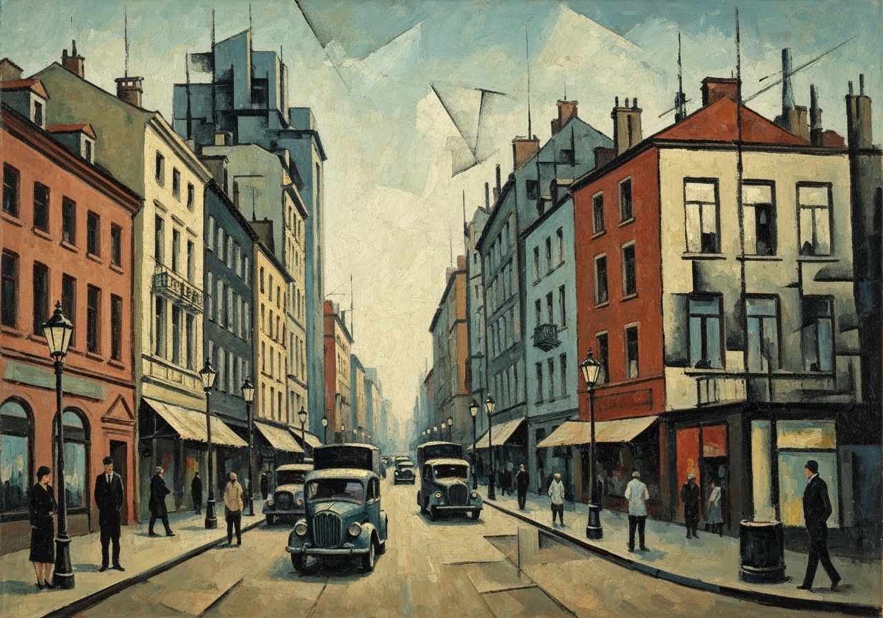 Cubist Urban Street Scene in Oil Painting Style