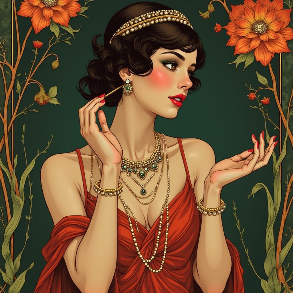 Glamorous Flapper Girl in Art Nouveau Style