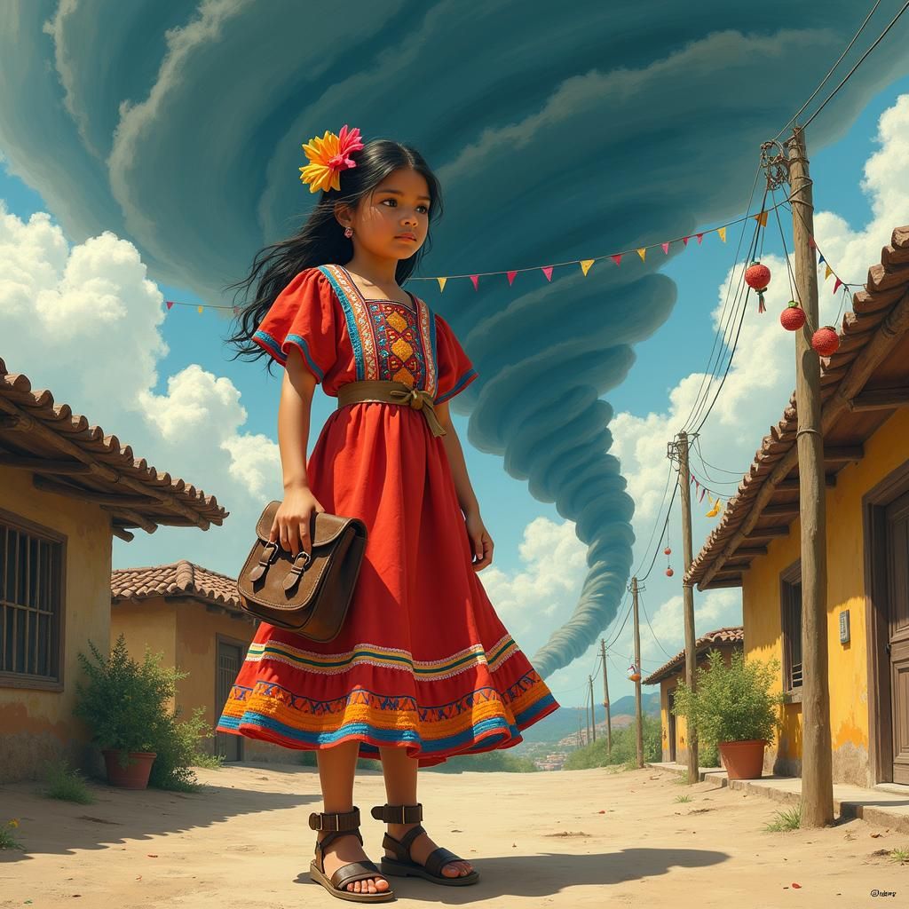 Latina Girl in Tornado: Magical Realist Painting