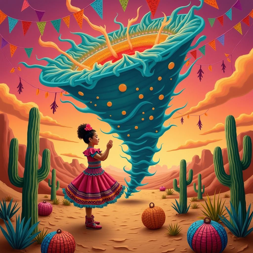 Mexican Girl's Desert Dreamscape in Frida Kahlo Style