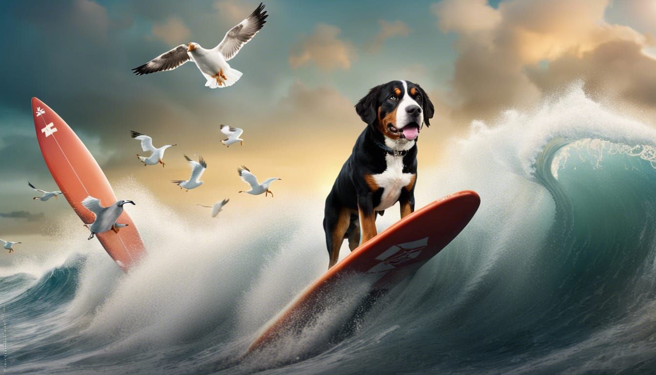 Swiss Mountain Dog Surfing a Wave in Matte Painting Style