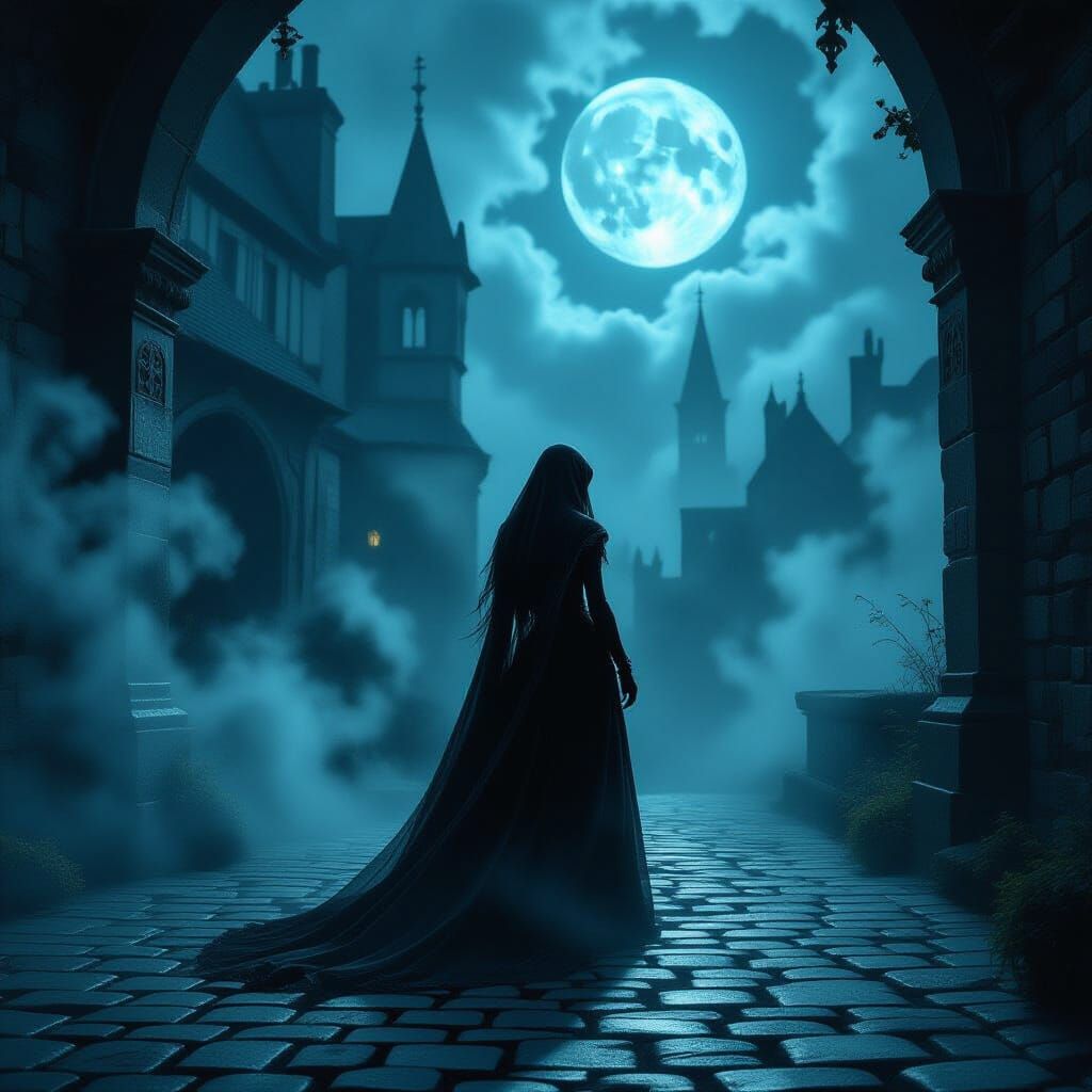 Gothic Witch on Cobblestones at Midnight