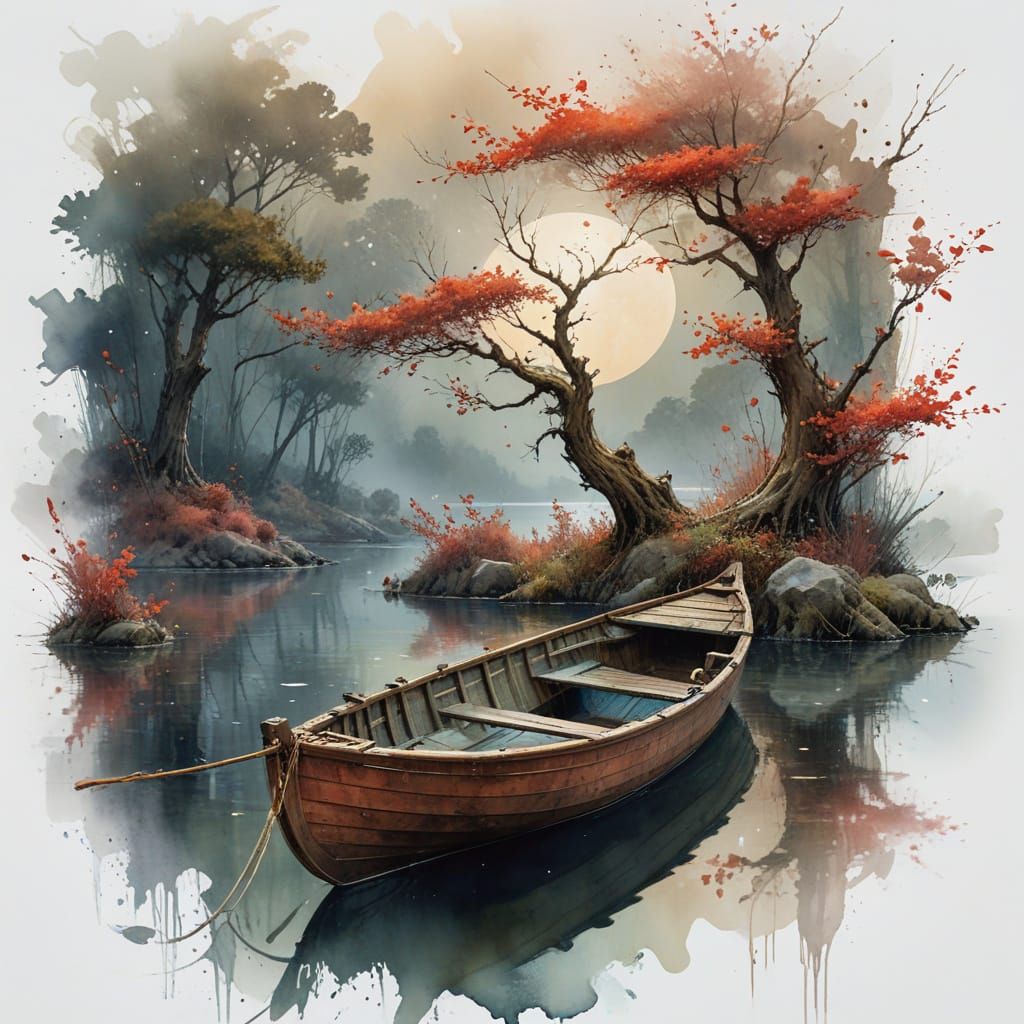Moonlit Serenity: A Wooden Boat on a Dreamlike Lake