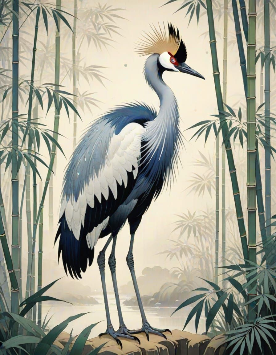 Crowned Crane in Bamboo Forest: Ukiyo-e Print