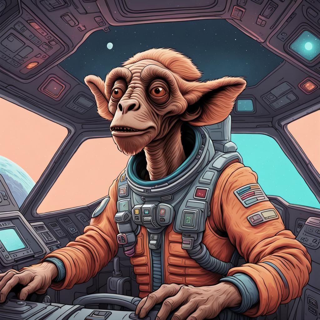 Alien Alf Approaches New Planet: Pastel Line Drawing