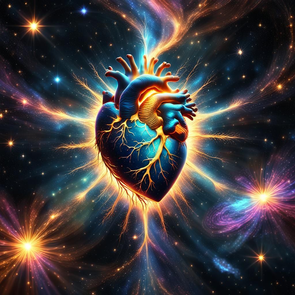 Radiant Human Heart Illuminates the Cosmos in Vibrant Colors