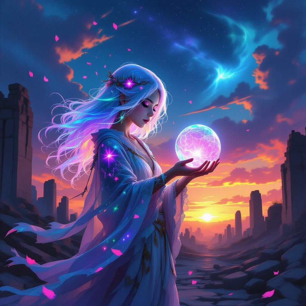 Celestial Girl in Ruins: Neon Mysticism Art