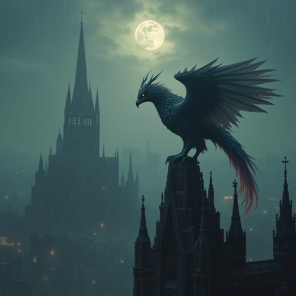 Gothic Griffin Watches Over Cityscape at Midnight
