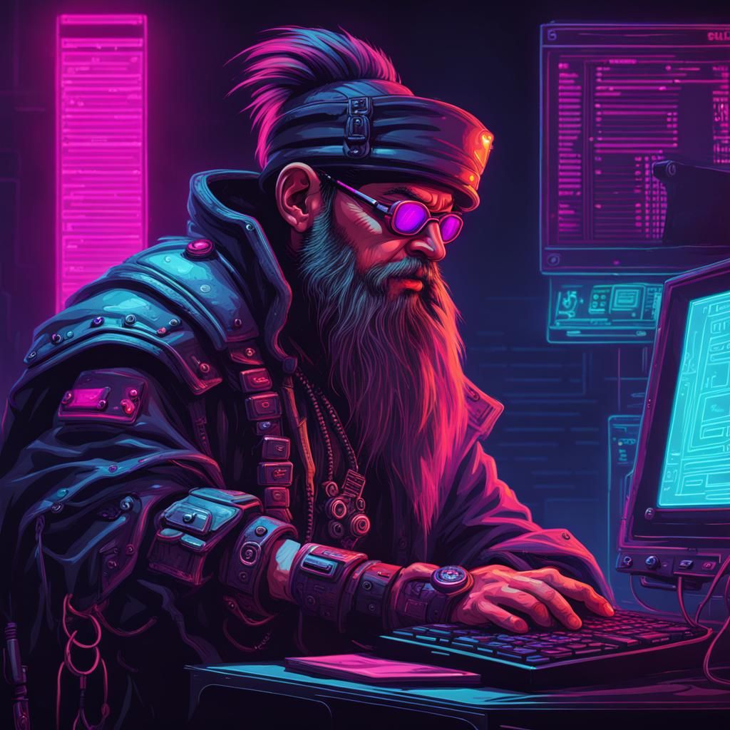 Shadowrun Dwarf Hacker in Synthwave Neon Style