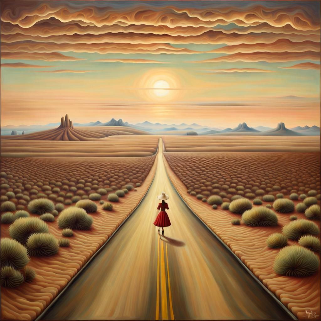 Surreal Desert Highway in Pop-Surrealist Style
