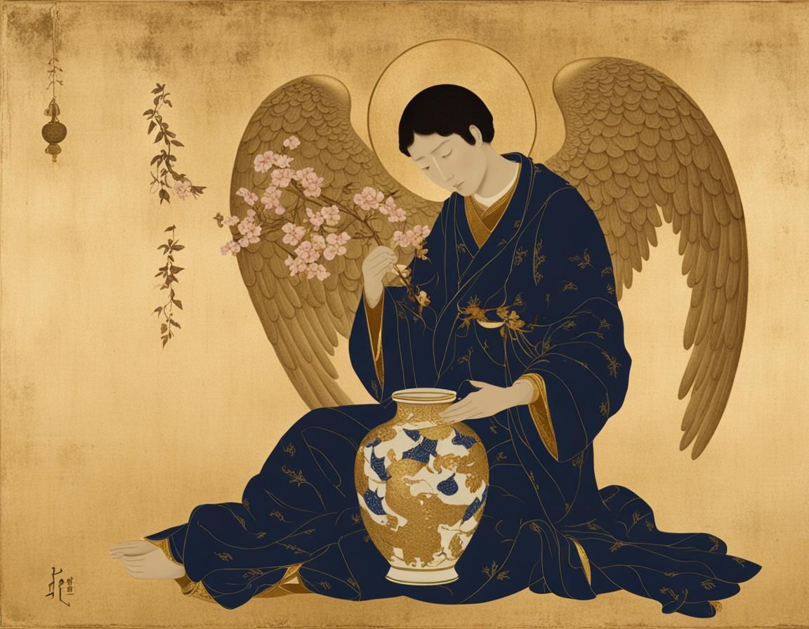 One-Winged Angel with Kintsugi Vase