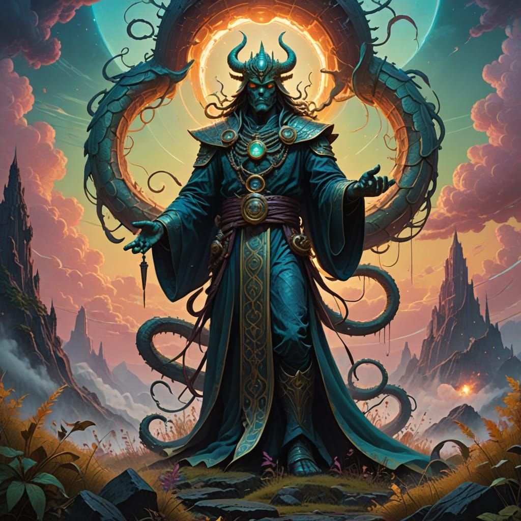 A snake-like mythical creature from the genus of male Nagas, raising his arms to the sky and standing aside, holds a tor...