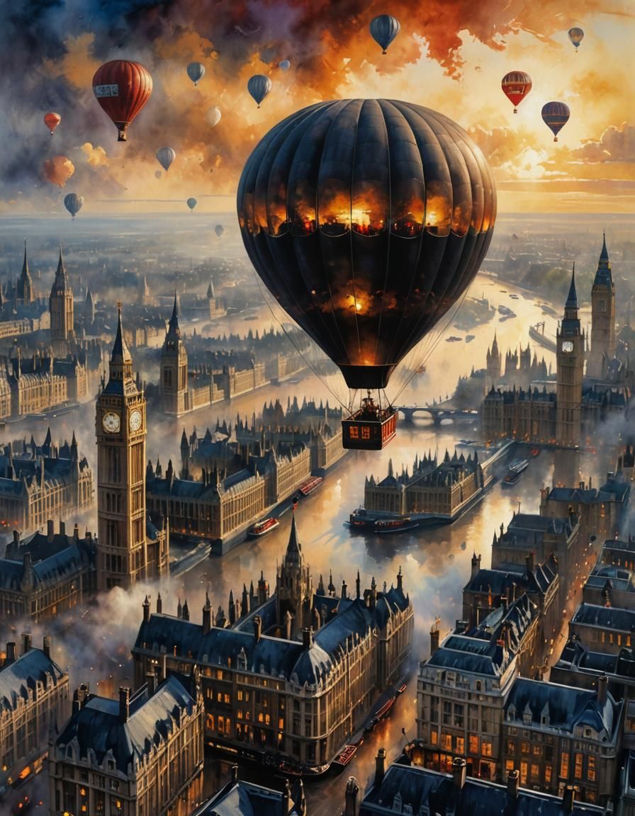 Hot Air Balloon Over London: Watercolor Painting