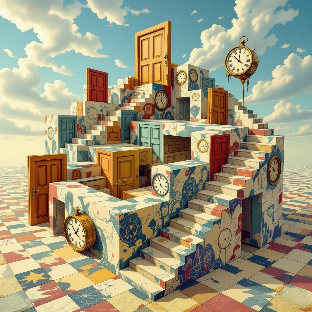 Surreal Escher Labyrinth of Doors and Staircases