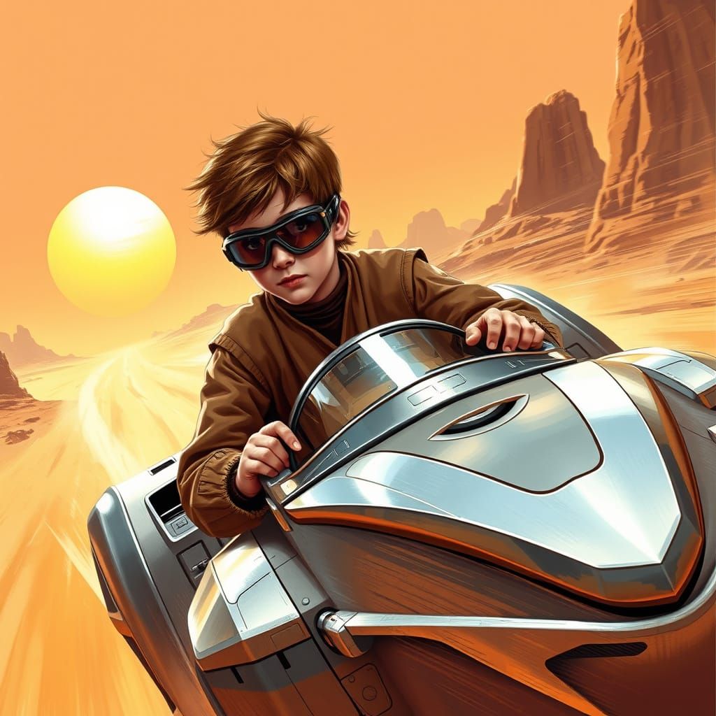 Young Anakin in High-Speed Pod Racer Action on Tatooine