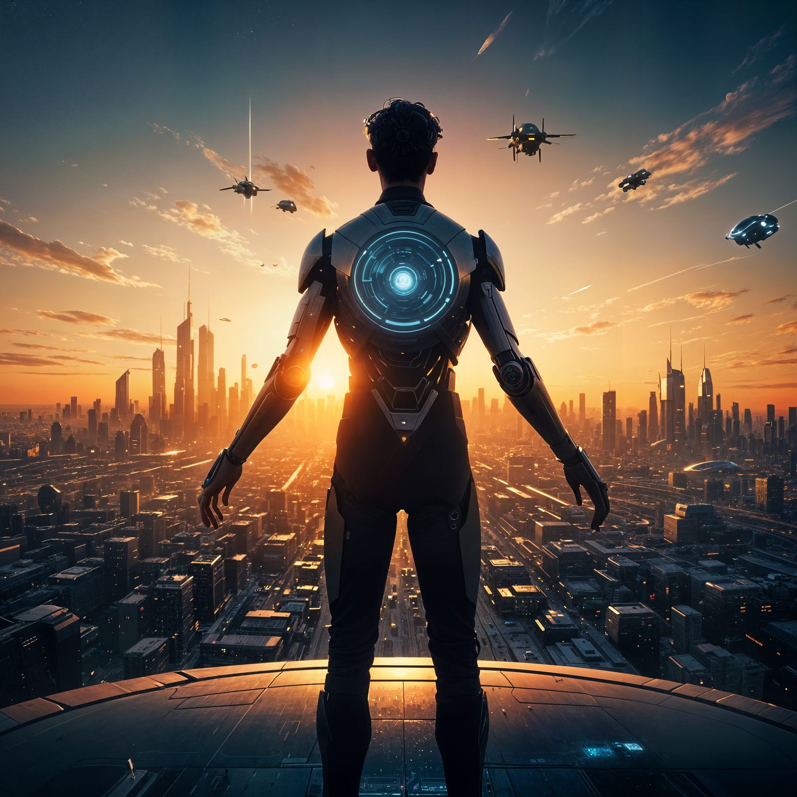 Utopian Future Cityscape at Sunset: Humanity in Harmony