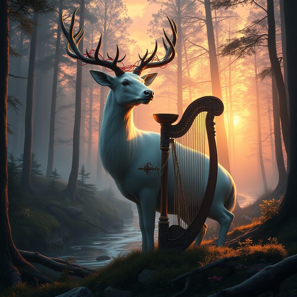 Majestic White Stag Amidst Sunrise Forest Fantasy Landscape