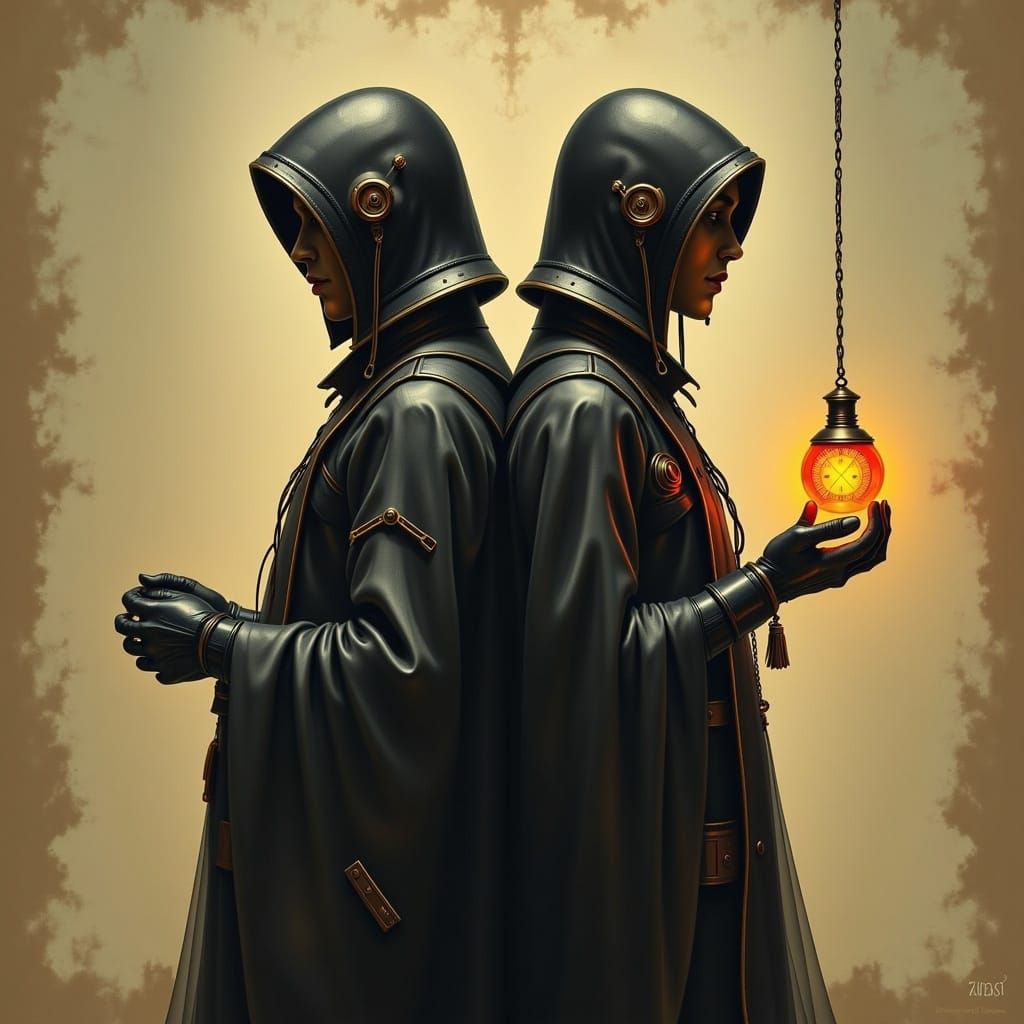 Steampunk Figures Back-to-Back with Glowing Pendant