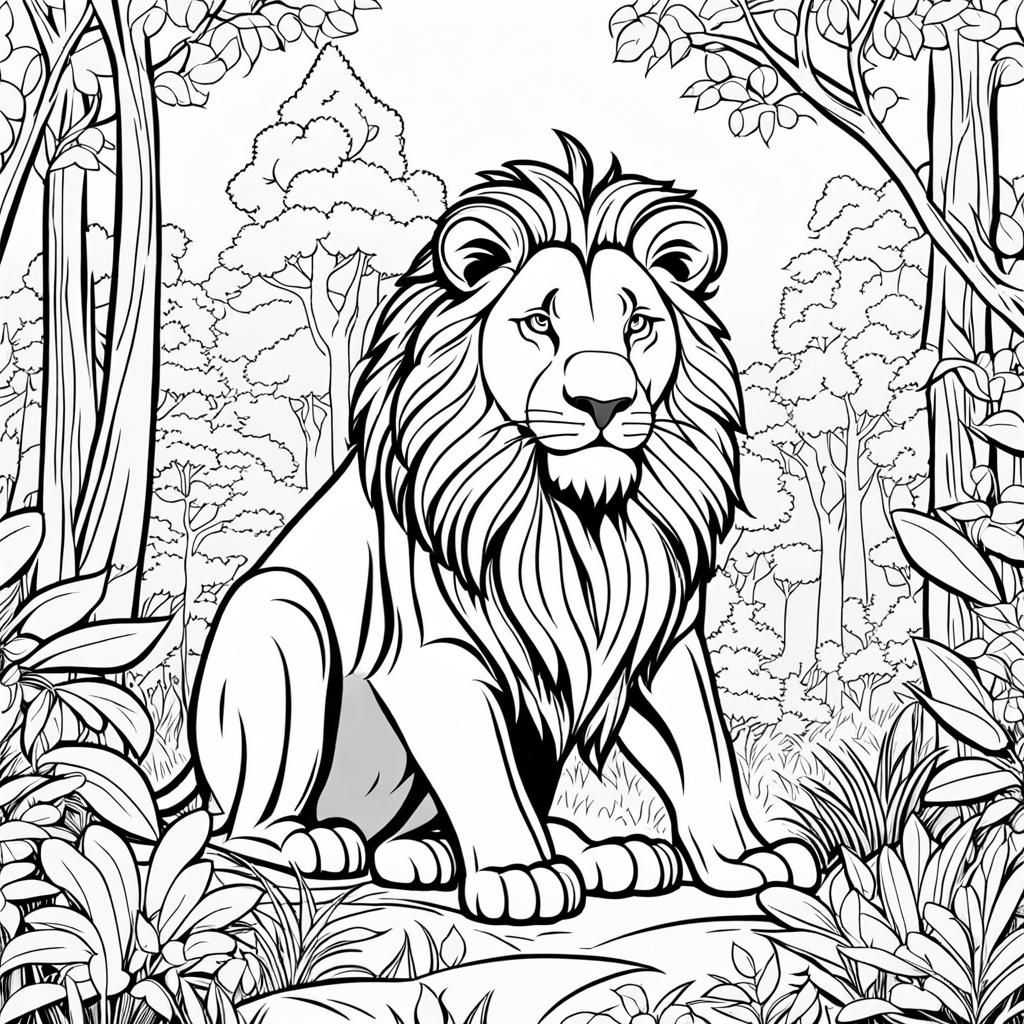 Lion in Forest Coloring Book Page, Cartoon Style