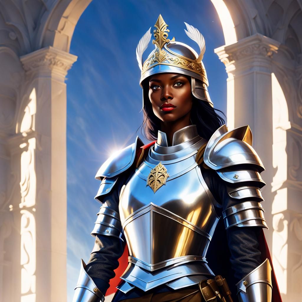 Female Knight in Silver Armor with Blue Cloak