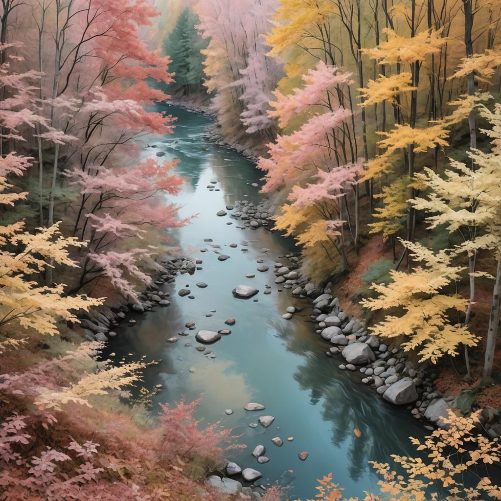 Pastel River Through Autumn Forest Landscape