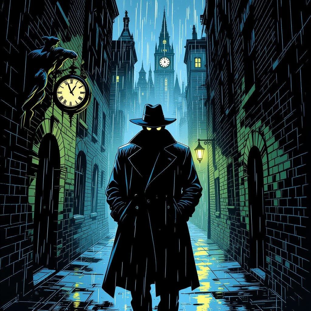 Detective in Warped Alleyway, Gritty Comic Style