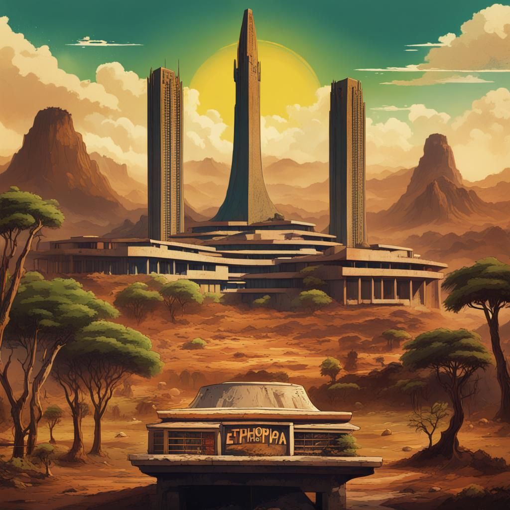 Ethiopian Landmarks in Brutalist Propaganda Poster Style