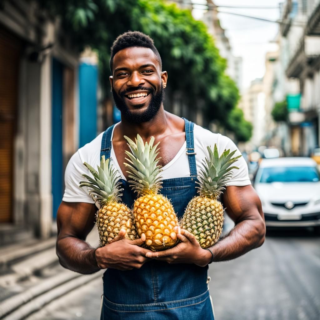 Handsome Man Carrying Pineapples in Rio