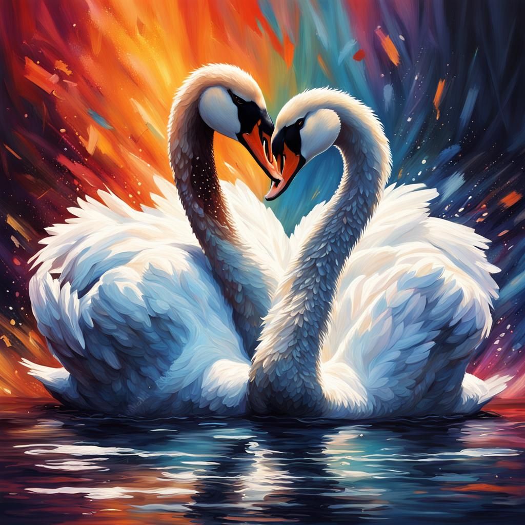 Black and White Swans Hugging: Hyperrealistic Splash Art
